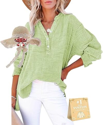 Womens Casual Gauze Button Neck Long Sleeve Oversized Blouses Tops Lightweight Loose Drawdown V Neck Tunic Shirts in Kuwait