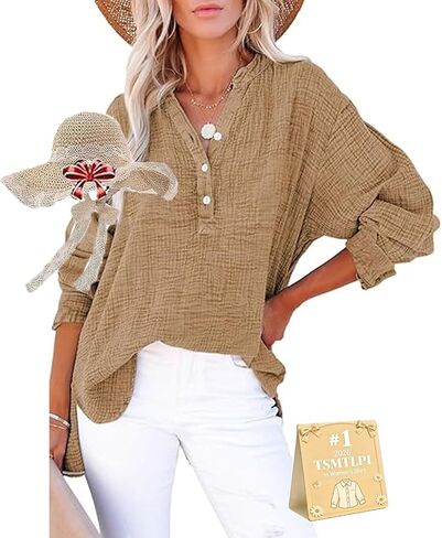 Womens Casual Gauze Button Neck Long Sleeve Oversized Blouses Tops Lightweight Loose Drawdown V Neck Tunic Shirts in Kuwait
