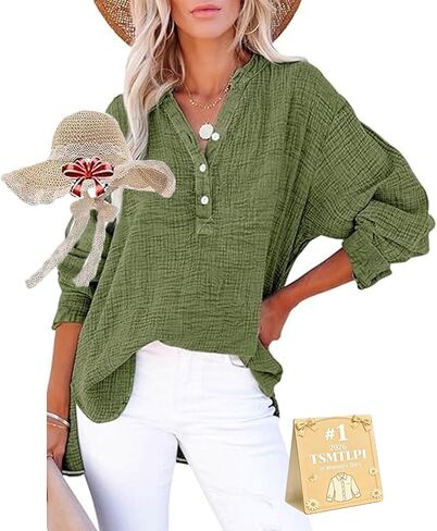 Womens Casual Gauze Button Neck Long Sleeve Oversized Blouses Tops Lightweight Loose Drawdown V Neck Tunic Shirts in Kuwait