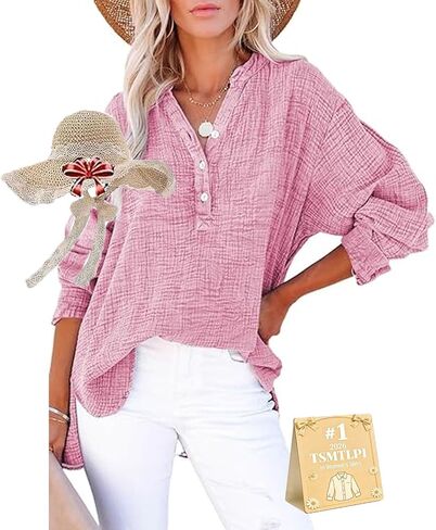 Womens Casual Gauze Button Neck Long Sleeve Oversized Blouses Tops Lightweight Loose Drawdown V Neck Tunic Shirts in Kuwait