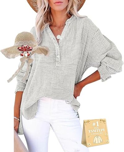 Womens Casual Gauze Button Neck Long Sleeve Oversized Blouses Tops Lightweight Loose Drawdown V Neck Tunic Shirts in Kuwait