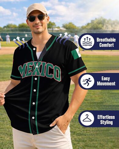 Men's Classic Baseball Jersey - Short Sleeve Button Down Hip-Hop Streetwear Shirt - Lightweight Breathable Mesh Fabric,Mexico in Saudi Arabia