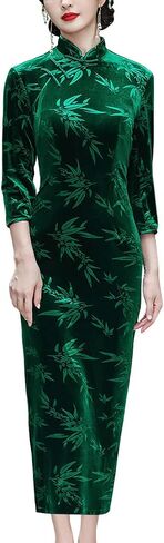 StarDY Women's Velvet Long Cheongsam Dress Bamboo Leaf Patterned Mandarin Collar Maxi Dress Traditional Chinese Qipao (Dark Green, L) in Saudi Arabia