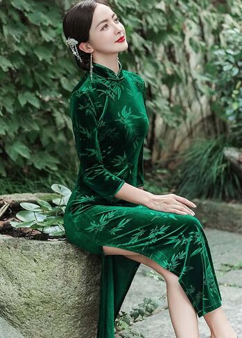 StarDY Women's Velvet Long Cheongsam Dress Bamboo Leaf Patterned Mandarin Collar Maxi Dress Traditional Chinese Qipao (Dark Green, L) in Saudi Arabia