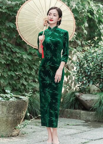 StarDY Women's Velvet Long Cheongsam Dress Bamboo Leaf Patterned Mandarin Collar Maxi Dress Traditional Chinese Qipao (Dark Green, L) in Saudi Arabia