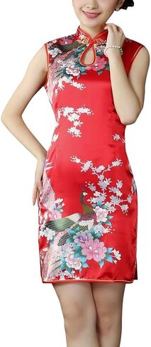 Women's Floral Satin Cheongsam Sleeveless Mandarin Collar High Split Qipao Party Dress Traditional Chinese Costume in Kuwait