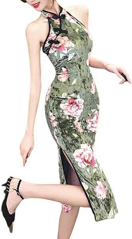 Women's Floral Satin Cheongsam Sleeveless Mandarin Collar High Split Qipao Party Dress Traditional Chinese Costume in Kuwait
