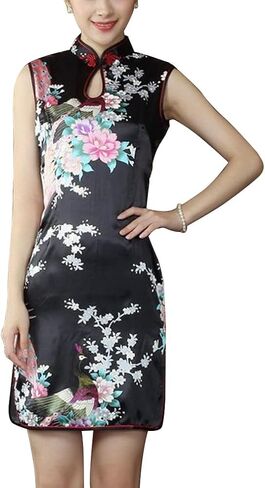 Women's Floral Satin Cheongsam Sleeveless Mandarin Collar High Split Qipao Party Dress Traditional Chinese Costume in Kuwait