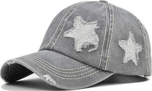 Ponytail Baseball Cap Washed Distressed Hat with Glitter Star Embroidery for Women in Kuwait