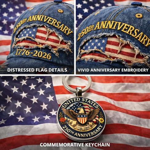 250th Anniversary USA Hat, USA 250th Anniversary Merchandise, 2 Pcs Set with Hat and Keychain for Patriotic Celebrations Adjustable Snapback Design with Embroidered Flag Gray in Saudi Arabia