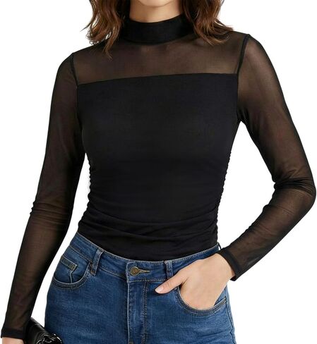 Capoda 3 حزمة النساء بقماش شفاف قمم طويلة الأكمام وهمية الرقبة السلحفاة قمصان Ruched المجهزة بلوزة العصرية الخروج حزب Clubwear in Kuwait