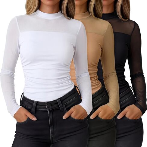 Capoda 3 حزمة النساء بقماش شفاف قمم طويلة الأكمام وهمية الرقبة السلحفاة قمصان Ruched المجهزة بلوزة العصرية الخروج حزب Clubwear in Kuwait