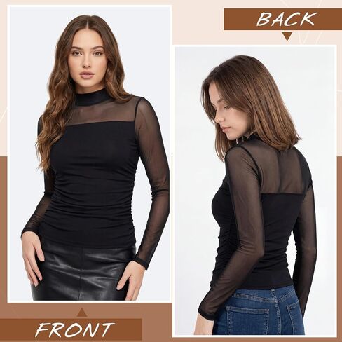 Capoda 3 حزمة النساء بقماش شفاف قمم طويلة الأكمام وهمية الرقبة السلحفاة قمصان Ruched المجهزة بلوزة العصرية الخروج حزب Clubwear in Kuwait