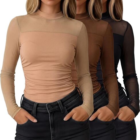 Capoda 3 حزمة النساء بقماش شفاف قمم طويلة الأكمام وهمية الرقبة السلحفاة قمصان Ruched المجهزة بلوزة العصرية الخروج حزب Clubwear in Kuwait