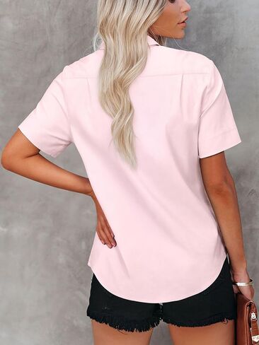 Aoudery Womens Button Down Shirts Short Sleeve Summer Oxford V Neck Collared Button Up Casual Blouses Tops with Pocket Light Pink XL in Saudi Arabia