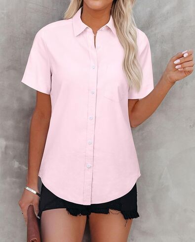 Aoudery Womens Button Down Shirts Short Sleeve Summer Oxford V Neck Collared Button Up Casual Blouses Tops with Pocket Light Pink XL in Saudi Arabia