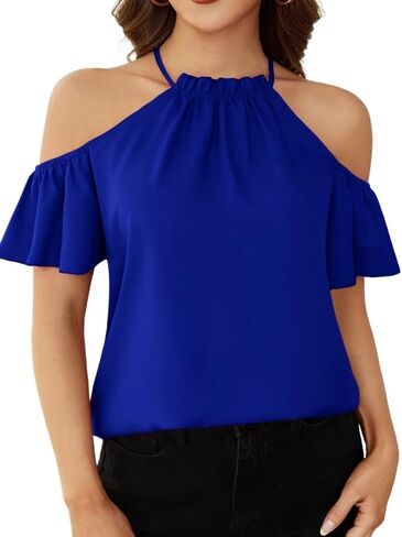 Womens Casual Short Sleeve Semi-Sheer Frill Trim Cold Shoulder Blouse Lightweight Comfortable Summer Top in Kuwait