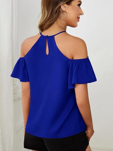 Womens Casual Short Sleeve Semi-Sheer Frill Trim Cold Shoulder Blouse Lightweight Comfortable Summer Top in Kuwait