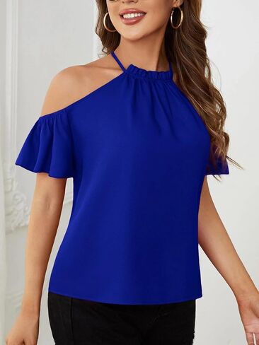 Womens Casual Short Sleeve Semi-Sheer Frill Trim Cold Shoulder Blouse Lightweight Comfortable Summer Top in Kuwait