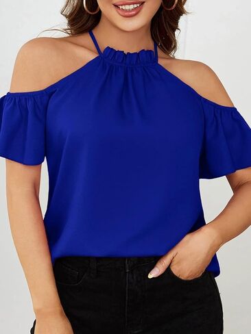 Womens Casual Short Sleeve Semi-Sheer Frill Trim Cold Shoulder Blouse Lightweight Comfortable Summer Top in Kuwait