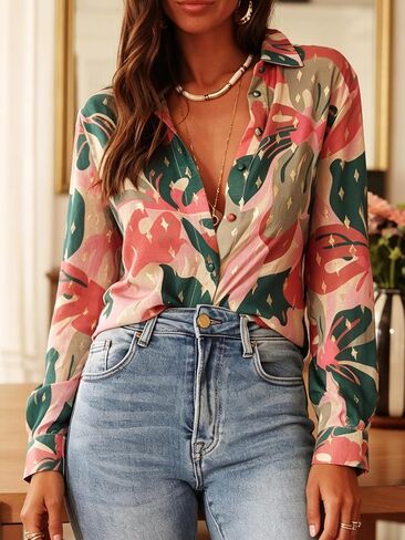 Women's Artistic Figure-Print Button-Down Blouse Oversized Relaxed Fit Lightweight Breathable in Kuwait