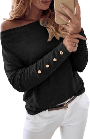 CHICME Women's Off Shoulder Top Loose Fit Long Sleeve T-Shirt Gold Button Casual Blouse for Going Out Date Vacation 2026 in Saudi Arabia