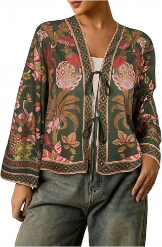 WDIRARA Women's Plus Size Tropical Tie Front Kimono Blouse Long Sleeve Boho Top in Kuwait