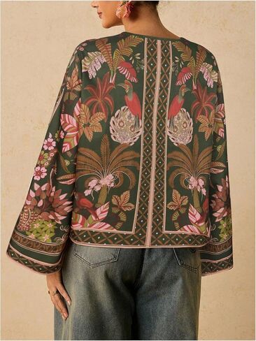 WDIRARA Women's Plus Size Tropical Tie Front Kimono Blouse Long Sleeve Boho Top in Kuwait