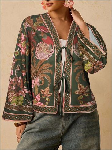 WDIRARA Women's Plus Size Tropical Tie Front Kimono Blouse Long Sleeve Boho Top in Kuwait