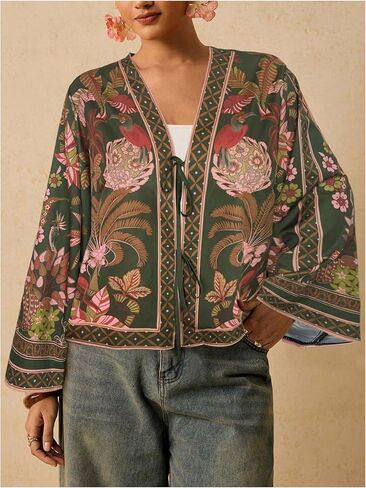 WDIRARA Women's Plus Size Tropical Tie Front Kimono Blouse Long Sleeve Boho Top in Kuwait