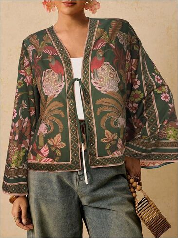 WDIRARA Women's Plus Size Tropical Tie Front Kimono Blouse Long Sleeve Boho Top in Kuwait