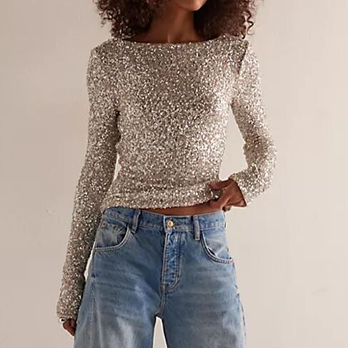 LOFAAC Women Sexy Sequin Long Sleeve Tops Slim Fit Sparkly Backless Ruched Glitter Evening Concert Blouse Shirts in Saudi Arabia