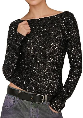 LOFAAC Women Sexy Sequin Long Sleeve Tops Slim Fit Sparkly Backless Ruched Glitter Evening Concert Blouse Shirts in Saudi Arabia