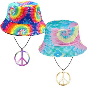 2 Pack Hippie Tie Dye Bucket Hat, Unisex Cotton Reversible Sun Hat Travel Cap, 80s 90s Party Fisherman Hats (Set A)