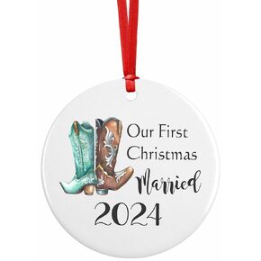 First Christmas as Mr and Mrs Just Married Ornament Personalized Western Wedding Gift 2024 Cowboy Boot (Year Only)