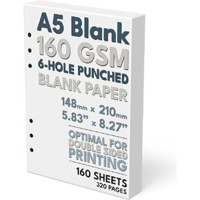 A5 Blank Paper, 160 GSM, 6-Hole Punched, 160 Sheets/320 Pages, White, 148mm x 210mm (5.83 in. x 8.27 in.)
