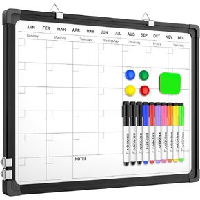 Small Monthly Calendar Dry Erase Whiteboard for Wall, 16" x 12" Magnetic Dry Erase Board, Hanging Double-Sided White Board, Portable Board for Drawing, Kitchen, Planning, Memo, Home, Office(Silver)