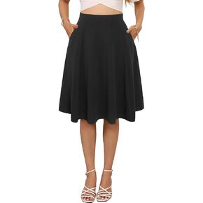 Sureple Skirts for Women Knee Length for Work Fall Elastic High Waist A-Line Flare Skirt Ruffle Hem with Pockets