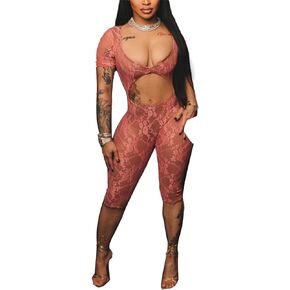 NRTHYE Women Sexy Mesh See Through Lace Jumpsuits Short Sleeve Backless Cut Out Rompers Club Outfits