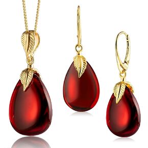 Amber by Mazukna - Red Amber Earrings & Pendant Necklace Set for Women, Gemstone Jewelry, Semi Precious Stone, Gold Plated Silver ag925