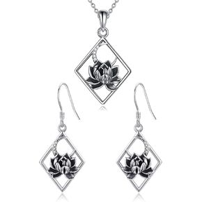 MONGAS Lotus Moon Jewelry Lotus Necklace Earrings Sterling Silver Lotus Moon Jewelry Gifts for Women Girls in Kuwait