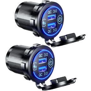 【2Pack】 Quick Charge 3.0 Dual USB Charger Socket, Waterproof 36W USB Outlet Fast Charge with Touch Switch & Blue LED DIY Kit for 12V/24V Car Boat Marine ATV Bus Truck Golf