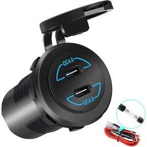 12V PD Type C Outlet, HOKAAER Quick Charge 4.0 Dual PD Power Outlet, Waterproof 12V/24V 120W Type C Car Charger Socket with Dual Ports for Car Marine Boat Bus Golf Cart Motorcycle RV Truck