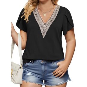 VOGRACE Plus-Size-Womens-Summer-Tops 2024 Lace Trim V Neck T Shirts Petal Short Sleeve Tunics Trendy Going Out Blouses XL-5XL