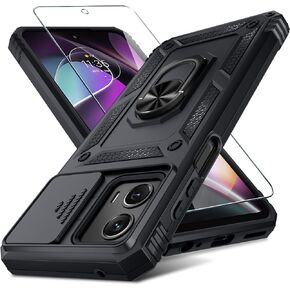 Janmitta Compatible with Moto G Power 5G/Moto G 5G 2023 Case Built in Slide Camera Lens Cover+Screen Protector+Finger Ring Holder Kickstand,Heavy Duty Shockproof Full Body Phone Cover,Black
