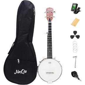 JinQu 5 String Banjo 26 بوصة، رأس طبلة ريمو، لوحة خلفية خشبية سابيلي مع مجموعة للمبتدئين، اختيار معدني * 3، اختيار * 3، سرج، خيط احتياطي، موالف، مفتاح طبل قابل للتعديل، حقيبة حمل مريحة؛ (طبيعي) in Kuwait
