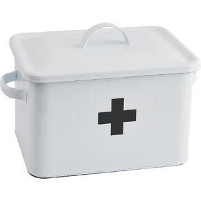 Enameled First Aid Box with Lid & Black Cross on Front