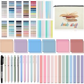 Book Annotation Kit, Set of Pencil Case Pouch, 300 Sheets Transparent Sticky Notes, 2640 Pcs Sticky Tabs, 11 Pcs Gel Ink Pen, 12 Pcs Highlighter Marker for Book Lover Gift Bookworm (Square)