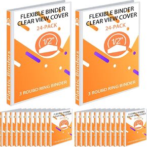 Fulmoon 24 Pcs 3 Ring Plastic Binders Bulk with 2 Pockets Flexible Binder with Transparent View Cover Plastic Binder for Home Office (1 Inch,Transparent)