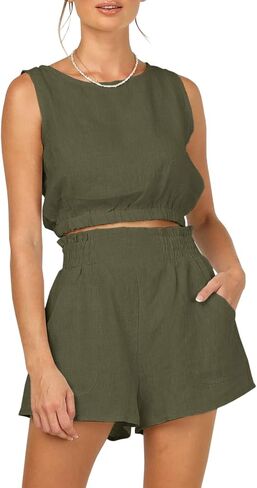 Eurivicy Women's 2pcs Summer Outfits Sleeveless Crop Tank Top and High Waist Pocketed Shorts Loose 2 Piece Short Sets in Saudi Arabia